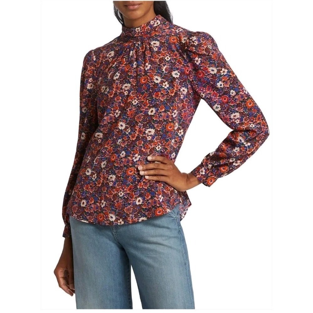 Veronica‎ Beard Chilton Blouse Floral Silk Blend Tie Back Berry Pink Size 4